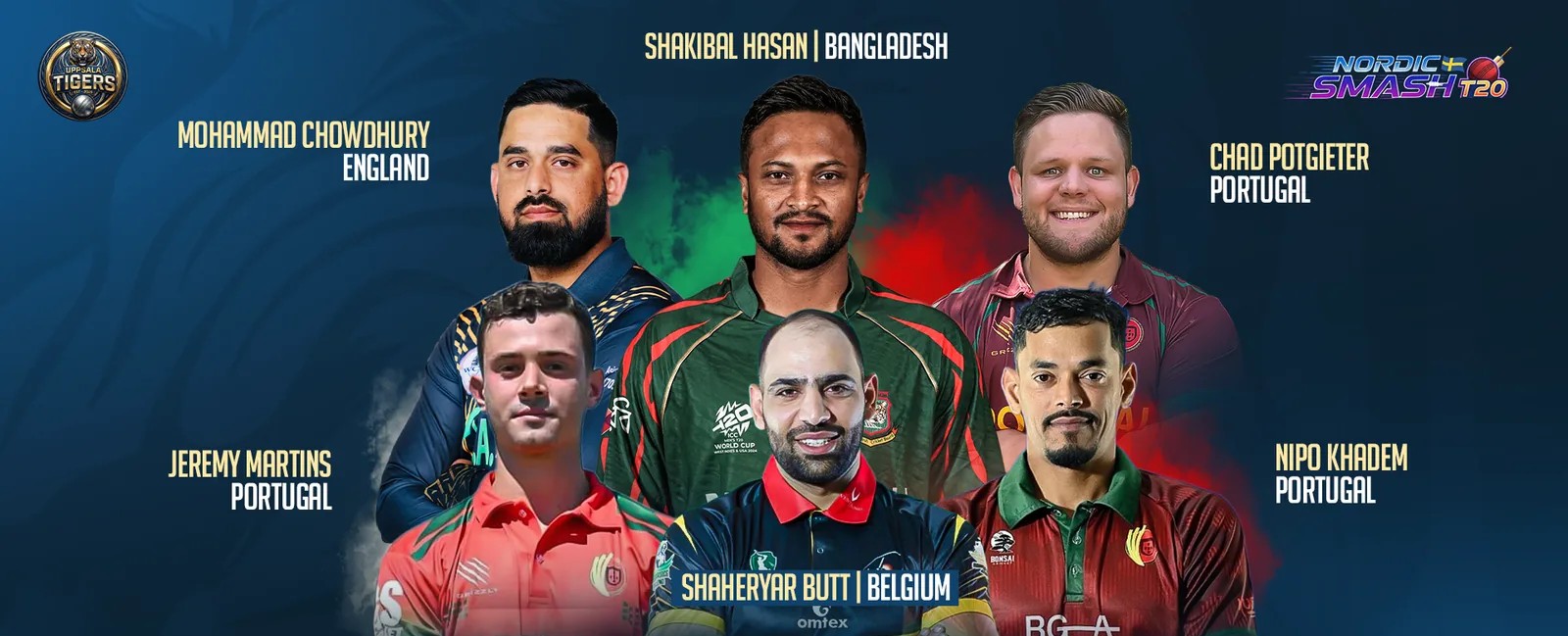Uppsala Tigers overseas signings graphic for the Nordic Smash T20